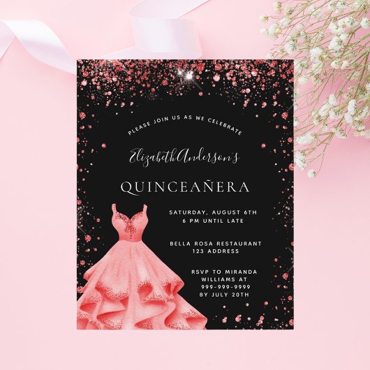 Quinceanera black red glitter dress invitation