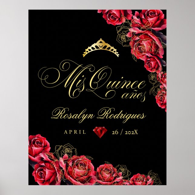 Quinceanera - black red gold decorations Sign  (Front)
