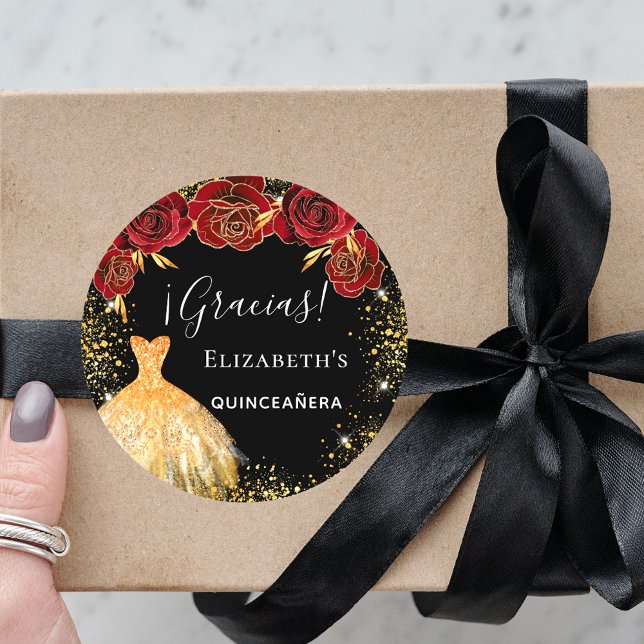 Quinceanera black red gold dress Gracias Classic Round Sticker (Creator Uploaded)