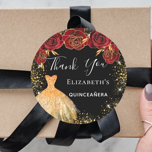Quinceanera black red gold dress Thank You  Classic Round Sticker