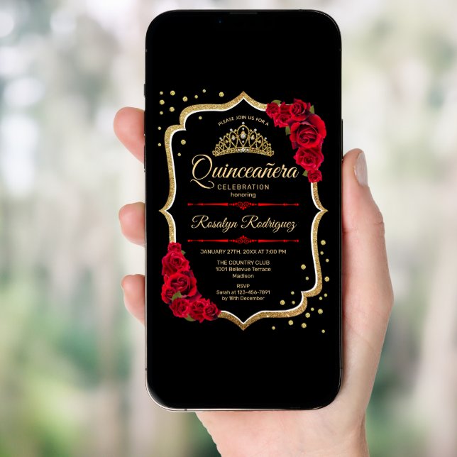 Quinceanera - Black Red Gold Invitation (Front Digital)