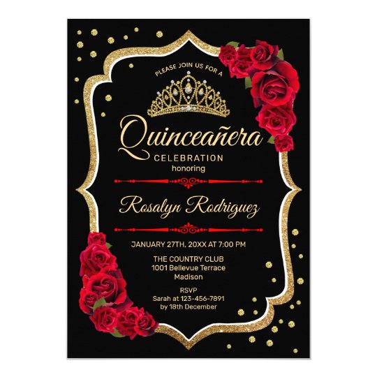 Quinceanera - Black Red Gold Invitation | Zazzle.com