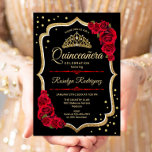 Quinceanera - Black Red Gold Invitation<br><div class="desc">Gold black white Quinceanera celebration invitation.
Features script font,  red roses,  tiara and confetti. Classy design with faux glitter gold. Perfect for an elegant glam celebration.</div>