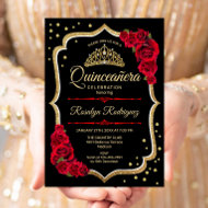 Quinceanera - Black Red Gold Invitation