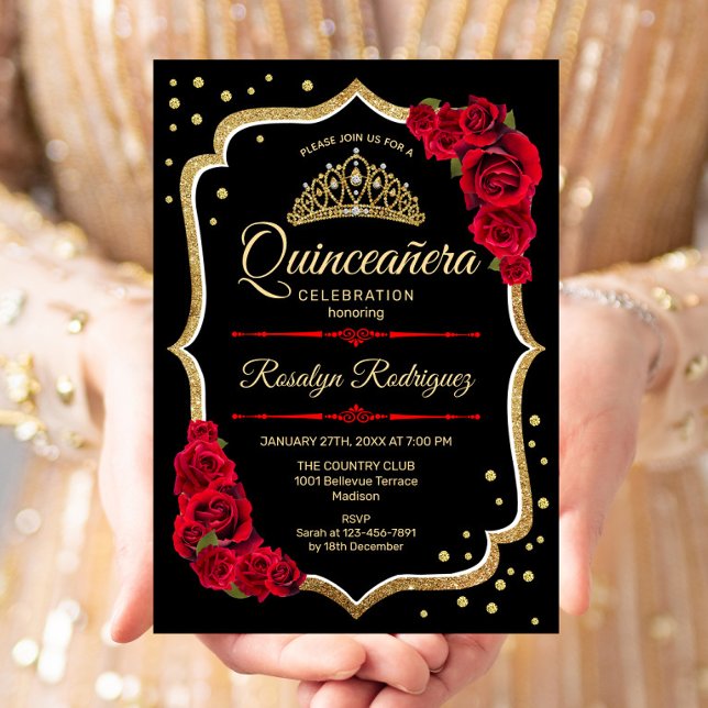 Quinceanera - Black Red Gold Invitation (Creator Uploaded)