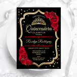 Quinceanera - Black Red Gold Invitation<br><div class="desc">Gold black white Quinceanera celebration invitation.
Features script font,  red roses,  tiara and confetti. Classy design with faux glitter gold. Perfect for an elegant glam celebration.</div>
