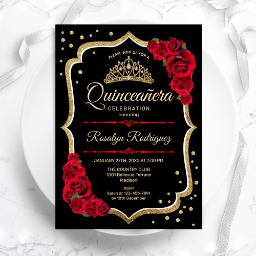 Quinceanera _ Black Red Gold Invitation