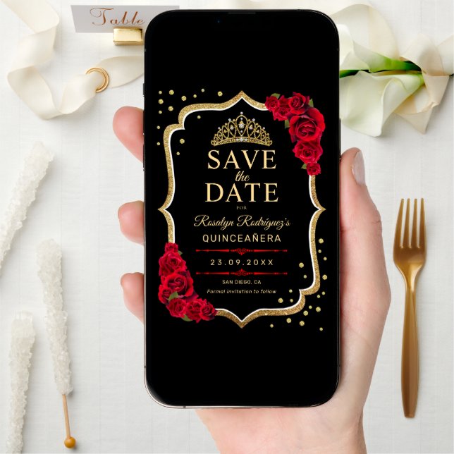 Quinceanera Black Red Gold Save The Date (Front Digital)