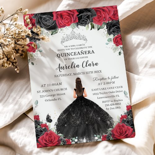 Quinceaera Black Red Roses Floral Princess Dress Invitation