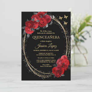 Quinceanera Black Red Roses Flowers Gold Butterfly Invitation
