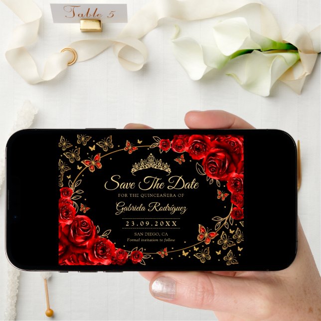 Quinceanera Black Red Roses Gold Save The Date (Front Digital)