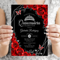 Quinceanera Black Red Silver Floral