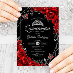 Quinceanera Black Red Silver Floral Invitation