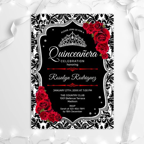 Quinceanera _ Black Red Silver Invitation