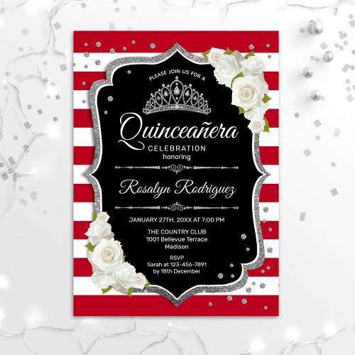Quinceanera _ Black Red White Silver Invitation