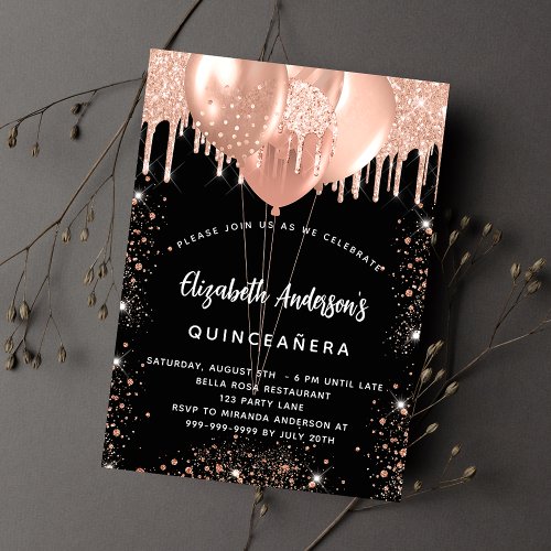 Quinceanera black rose gold ballons glitter luxury invitation