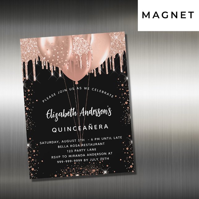 Quinceanera black rose gold ballons luxury magnetic invitation (Creator Uploaded)