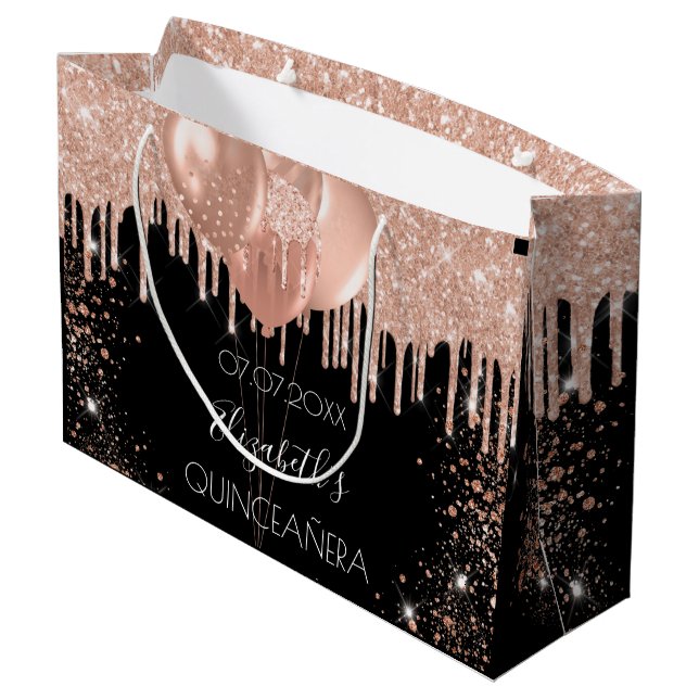 Quinceanera black rose gold balloons large gift bag (Back Angled)