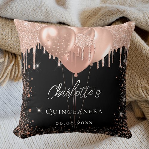 Quinceanera black rose gold balloons party throw pillow