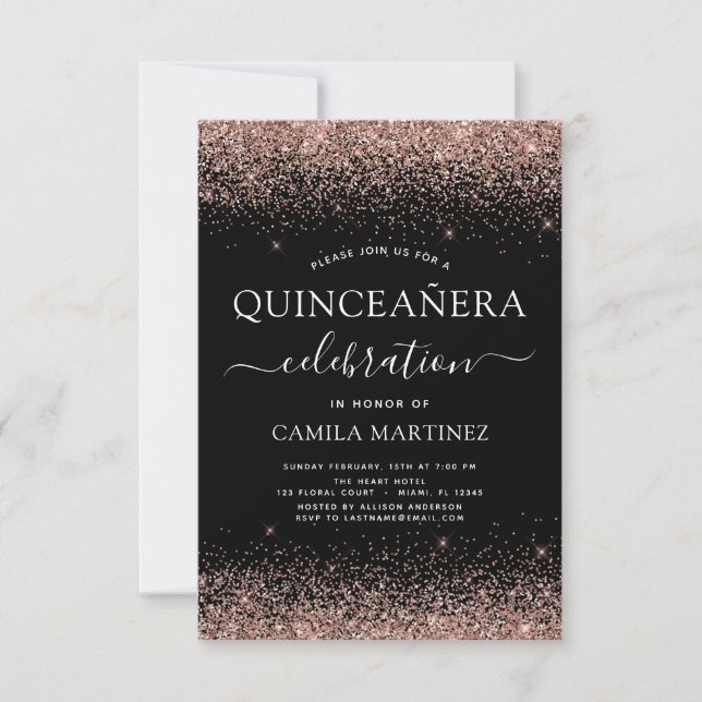 Quinceanera Black Rose Gold Blush Pink Invitation (Front)