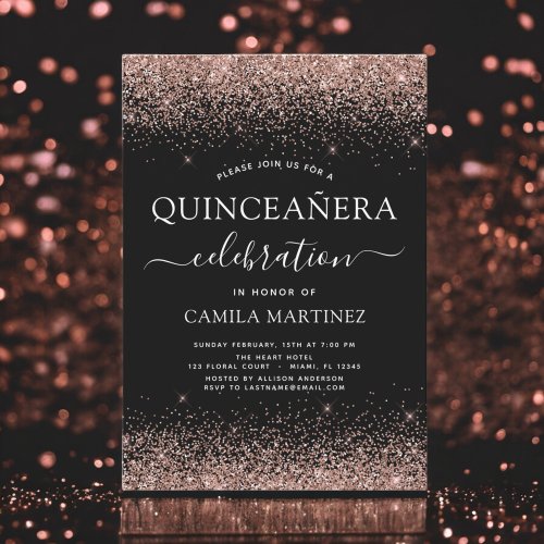 Quinceanera Black Rose Gold Blush Pink Invitation