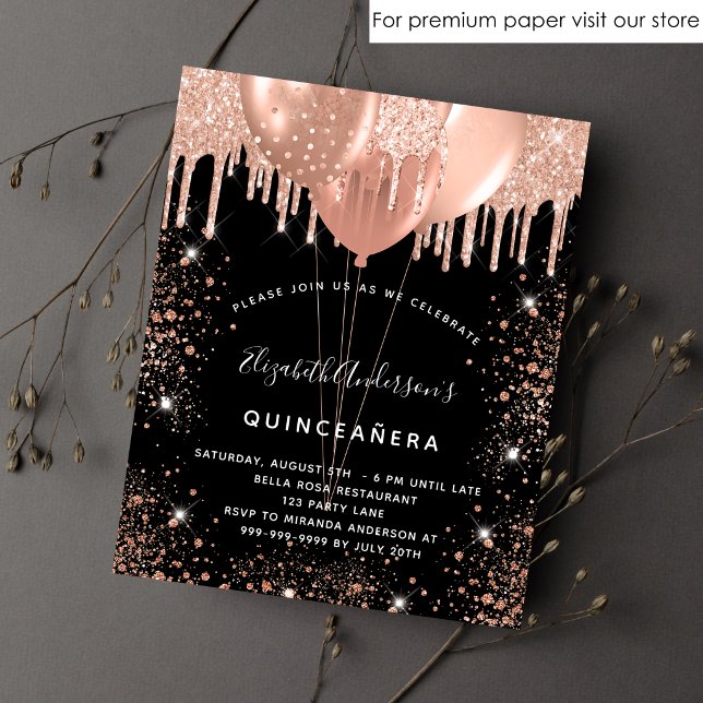 Quinceanera black rose gold budget invitation flyer