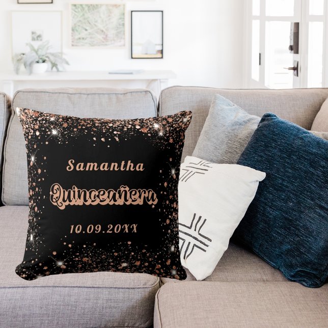 Quinceanera black rose gold glitter throw pillow (Creator Uploaded)