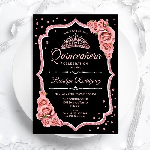 Quinceanera _ Black Rose Gold Invitation