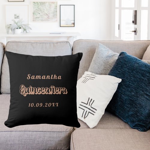 Quinceanera black rose gold name throw pillow