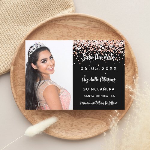Quinceanera black rose gold photo save the date announcement postcard