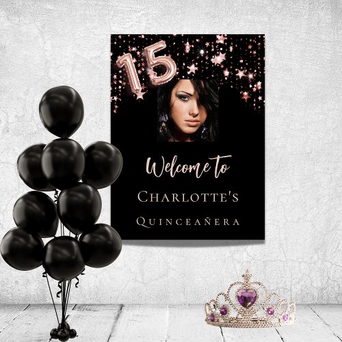 Quinceanera black rose gold photo stars welcome poster
