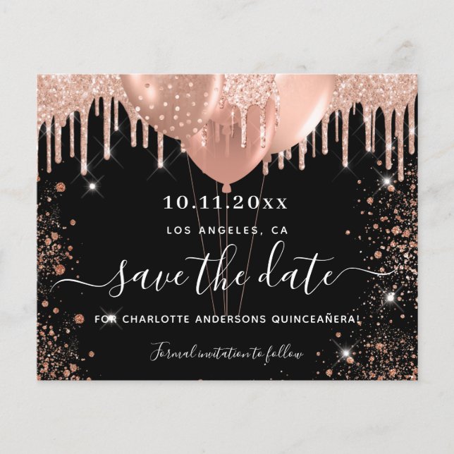 Quinceanera black rose gold save the date card (Front)