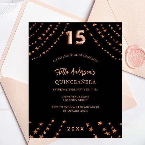 Quinceanera black rose gold star budget invitation flyer