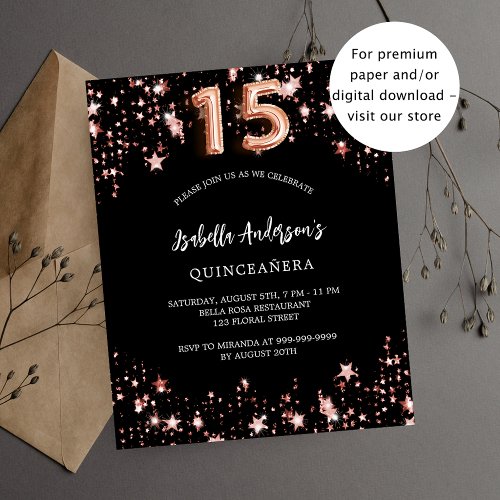 Quinceanera black rose gold star budget invitation flyer