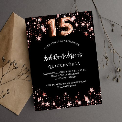 Quinceanera black rose gold stars invitation postcard