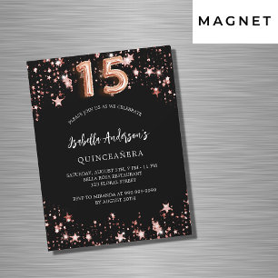 Quinceanera black rose gold stars luxury magnetic invitation