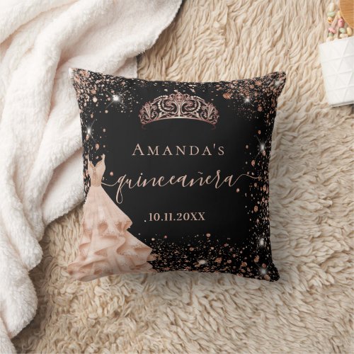 Quinceanera black rose gold tiara dress name throw pillow