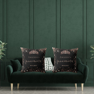 Quinceanera black rose gold tiara name script throw pillow