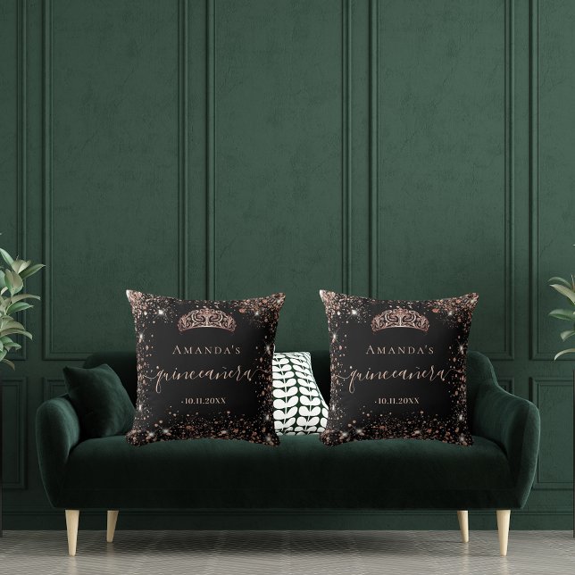 Quinceanera black rose gold tiara name script throw pillow (Creator Uploaded)