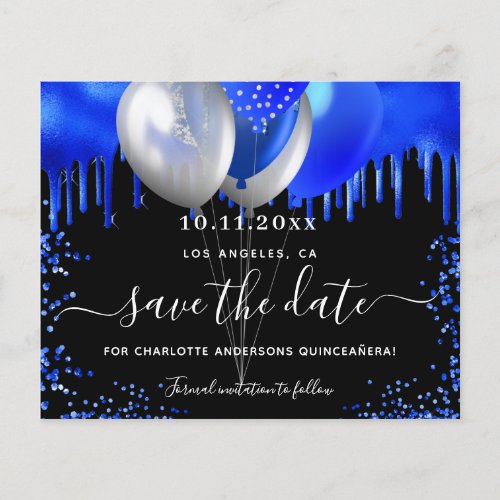 Quinceanera black royal blue budget save the date flyer