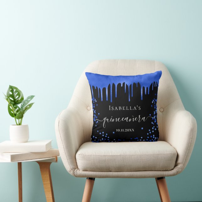 Quinceanera black royal blue glitter name throw pillow (Chair)