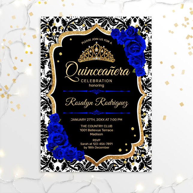 Quinceanera - Black Royal Blue Gold Invitation (Creator Uploaded)
