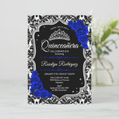 Quinceanera - Black Royal Blue Silver Invitation (Standing Front)