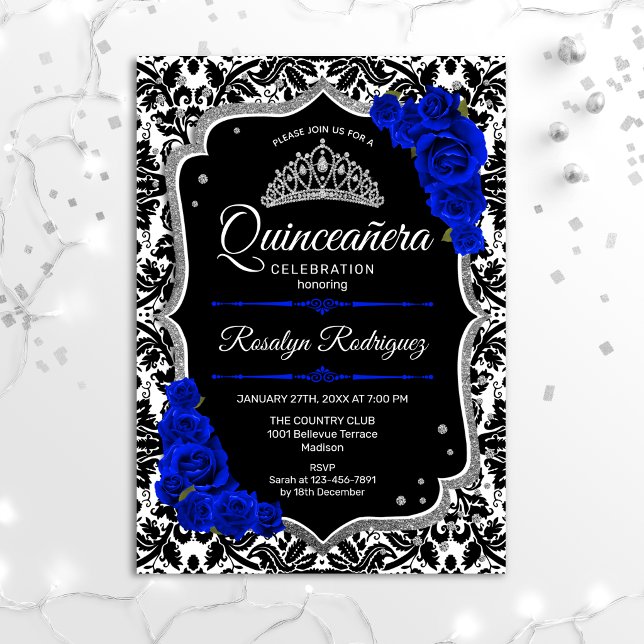 Quinceanera - Black Royal Blue Silver Invitation