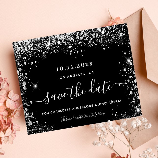 Quinceanera black silver budget save the date flyer (Creator Uploaded)