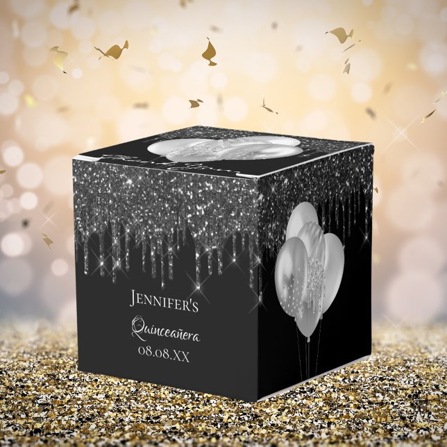 Quinceanera black silver glitter balloons favor boxes (Creator Uploaded)