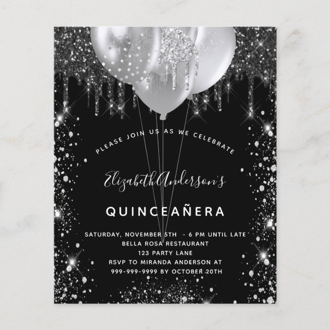 Quinceanera black silver glitter budget invitation flyer (Front)