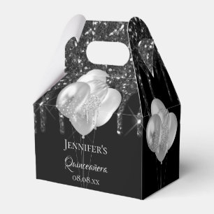 Quinceanera black silver glitter drips balloons favor boxes