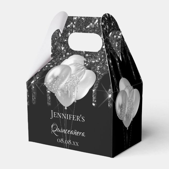 Quinceanera black silver glitter drips balloons favor boxes (Front Side)