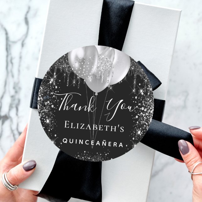 Quinceanera black silver glitter name thank you classic round sticker